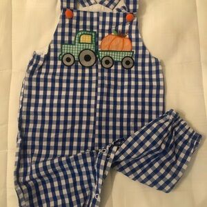 Cactus Blue Checkered Overalls with Green Truck and pumpkin